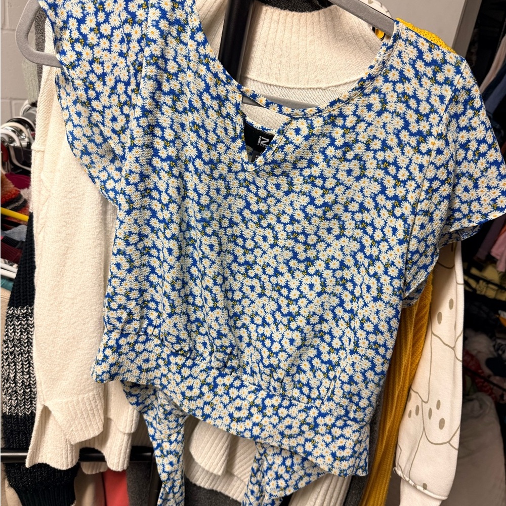 Floral Blue and White Tie-Back Top